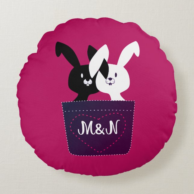 Lovely Black and White Bunnies On Magenta Cartoon Round Cushion (Front)