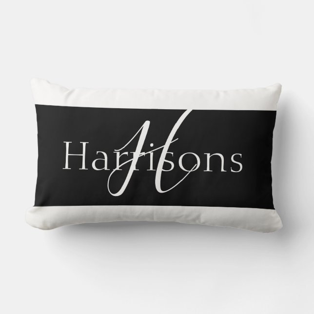 Lovely Black and White Elegant Monogram Family Lumbar Cushion (Front)