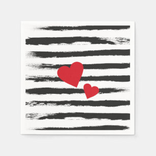 Lovely BLACK Brushstroke STRIPES with 2 Red Hearts Napkin