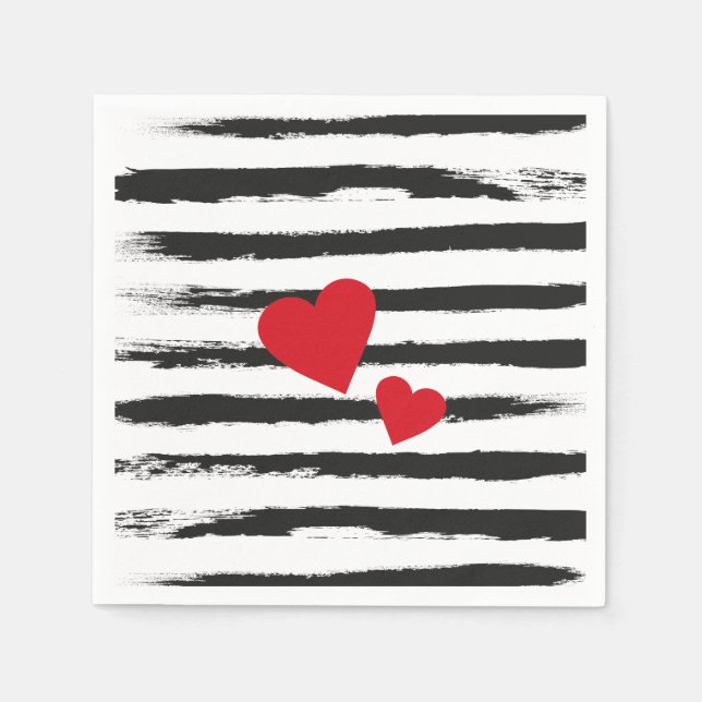 Lovely BLACK Brushstroke STRIPES with 2 Red Hearts Napkin (Front)