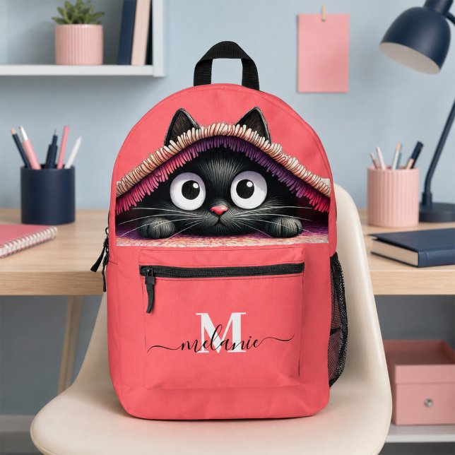 Lovely Black Kitten Coral Pink Monogram Backpack (Lovely Cute Kitten Custom Monogram Script Name Printed Backpack)