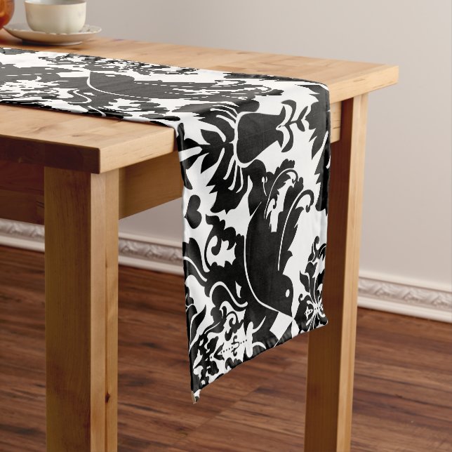 Lovely Black Love Bird Damask Pattern Short Table Runner (In Situ)