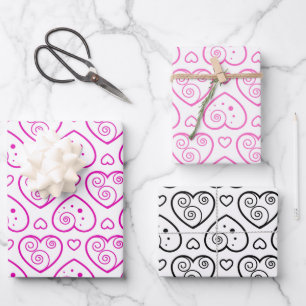 Lovely Black & Pink Hearts Wrapping Paper Sheets