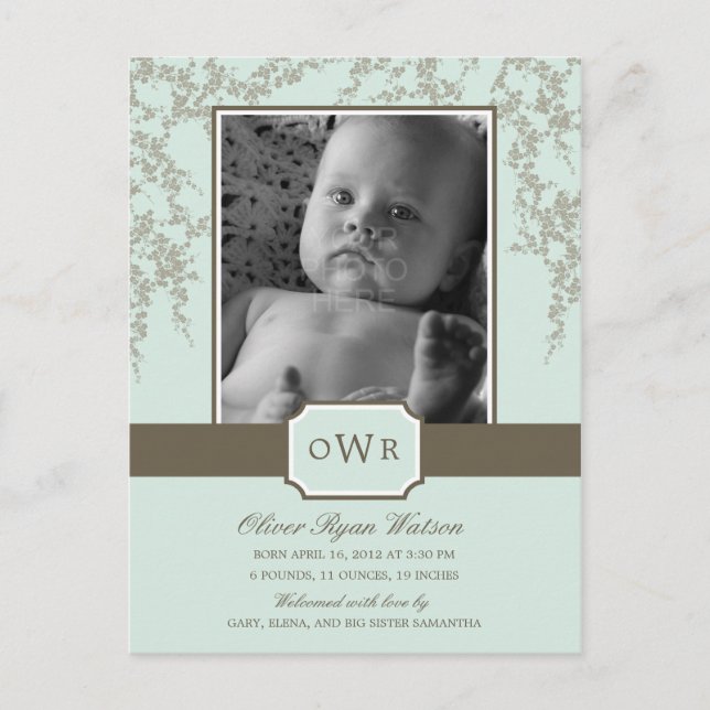 Lovely Blossoms Baby Birth Announcement (Aloe) (Front)