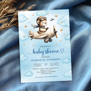 Lovely blue and gold aviator bear baby shower invitation