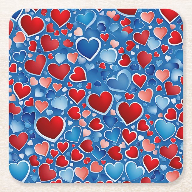 Lovely blue and red Hearts Paper Coaster (Front)