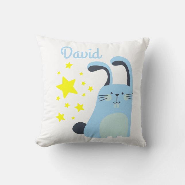 Lovely blue cartoon bunny baby boy with name cushion (Front)