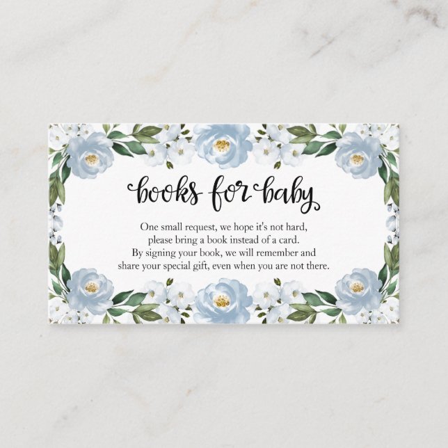 Lovely Blue Floral Baby Shower Books For Baby  Enclosure Card (Front)