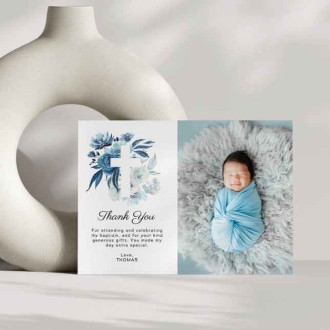 lovely blue florals baptism photo thank you card (Creator Uploaded)