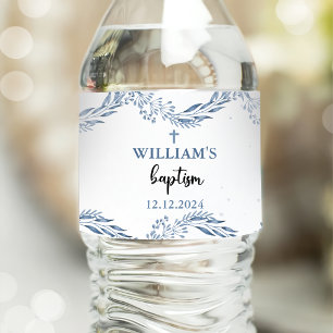 Lovely Blue Florals Baptism  Water Bottle Label