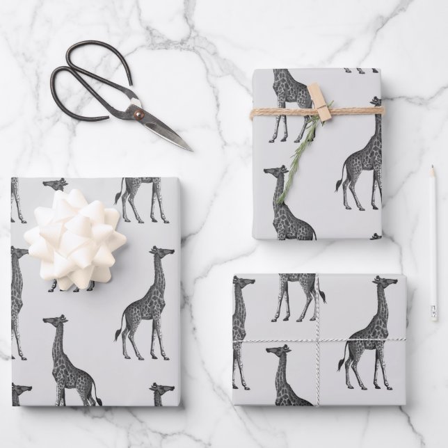 Lovely Blue Silver Giraffes Wrapping Paper Sheets (Front)