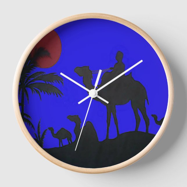 Lovely Blue Sky Sunset Camel Safari Silhouette Wall Clock (Front)