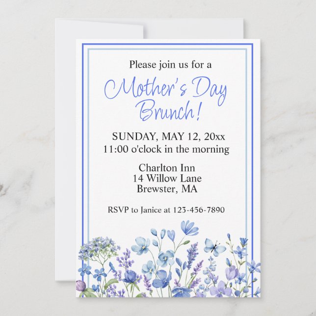 Lovely Blue Watercolor Floral Mother's Day Brunch  Invitation (Front)