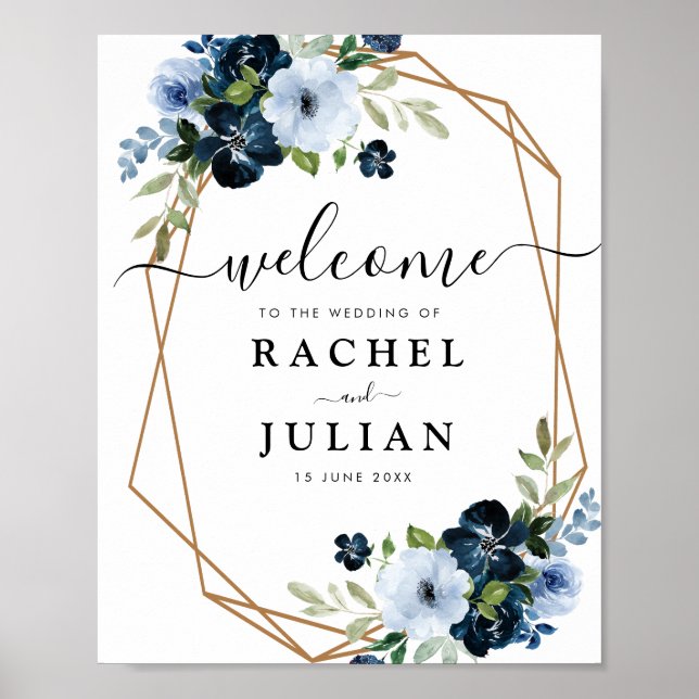 lovely blue watercolor floral wedding sign (Front)