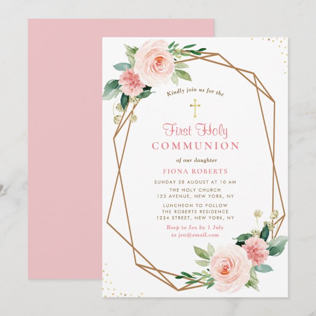 lovely blush pink flowers first holy communion invitation (Front/Back)