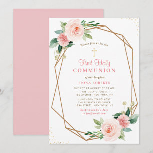 lovely blush pink flowers first holy communion invitation