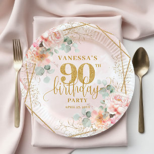 Lovely Blush Pink Gold Watercolor 90th Birthday Paper Plate