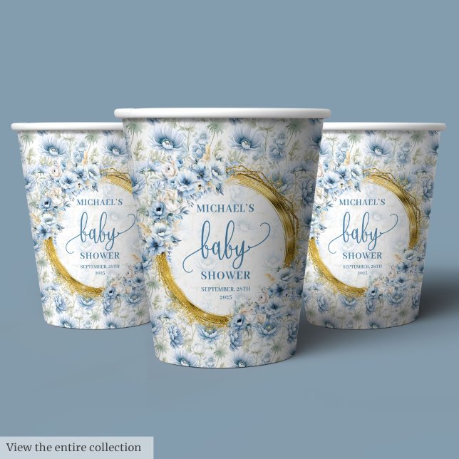 Lovely boho dusty blue flowers gold personalised paper cups (Lovely boho dusty blue flowers gold personalized Paper Cups)