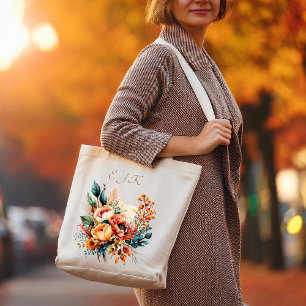 Lovely boho fall bouquet monogram tote bag