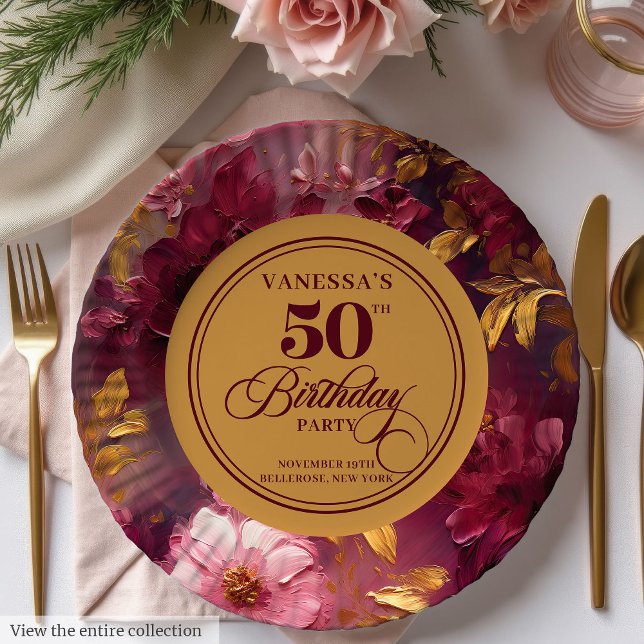 Lovely Boho Maroon Blush Gold 50th Birthday Plate (Lovely Boho Maroon Blush Gold 50th Birthday Plate)