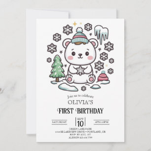 Lovely Boho Polar Bear 1st Birthday Digital  Invitation