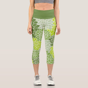 Lovely Botanical  Green Dahlia Floral Capri Leggings