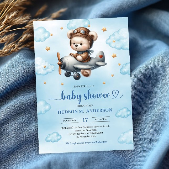 Lovely Boy Shower Invitation Teddy Bear Pilot Blue (Lovely Boy Shower Invitation Teddy Bear Pilot Blue Brown

)