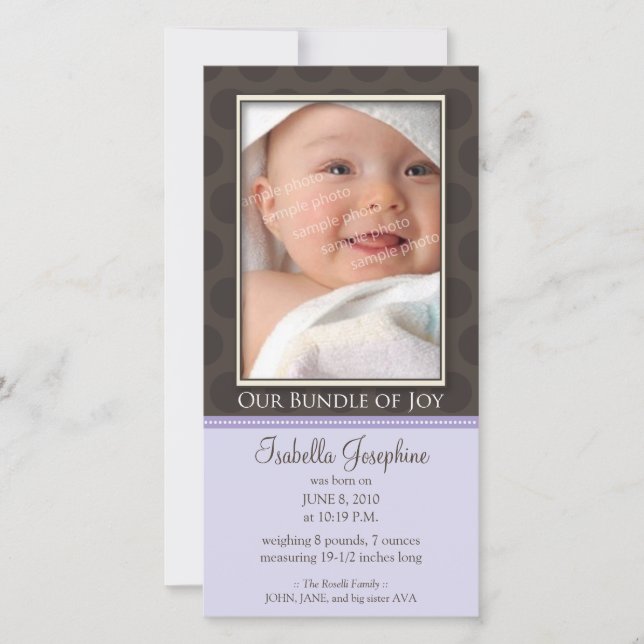 Lovely Bundle of Joy Birth Announcement :: lilac (Front)