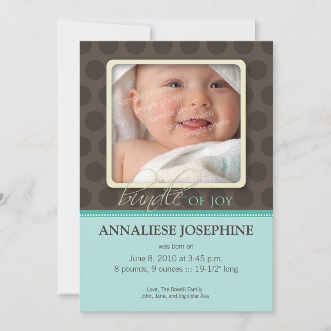 Lovely Bundle of Joy Birth Announcement :: teal (Front)