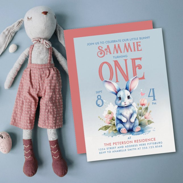 Lovely  Bunny Boy Girl Floral Birthday Watercolor Invitation (Creator Uploaded)