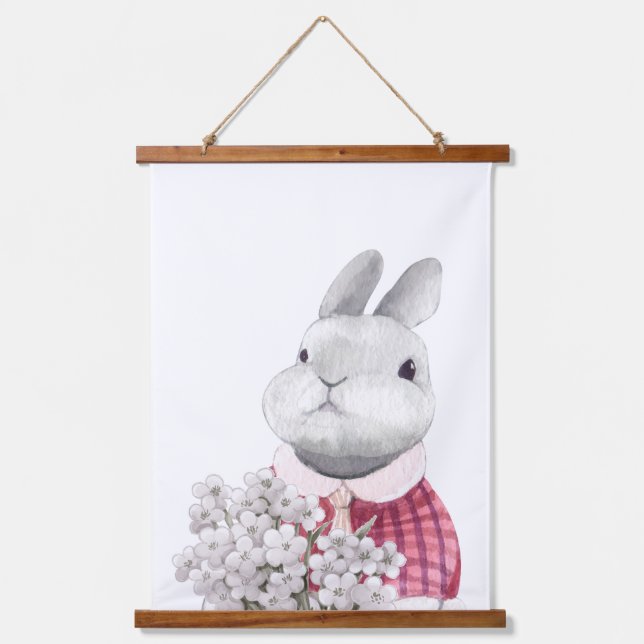 Lovely Bunny Flower Holding Woodland Nursery Decor Hanging Tapestry (Front)