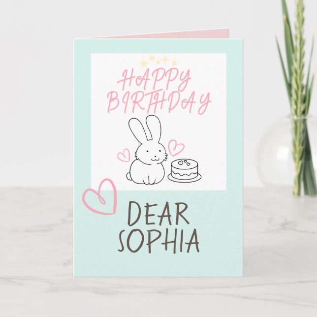 Lovely Bunny Rabbit&Cake Happy Birthday Card (Front)