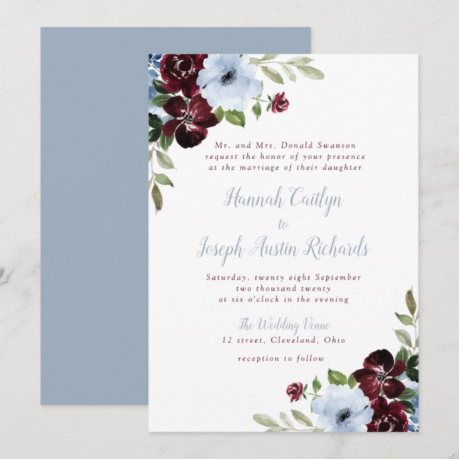 lovely burgundy dusty blue floral wedding invitation (Front/Back)