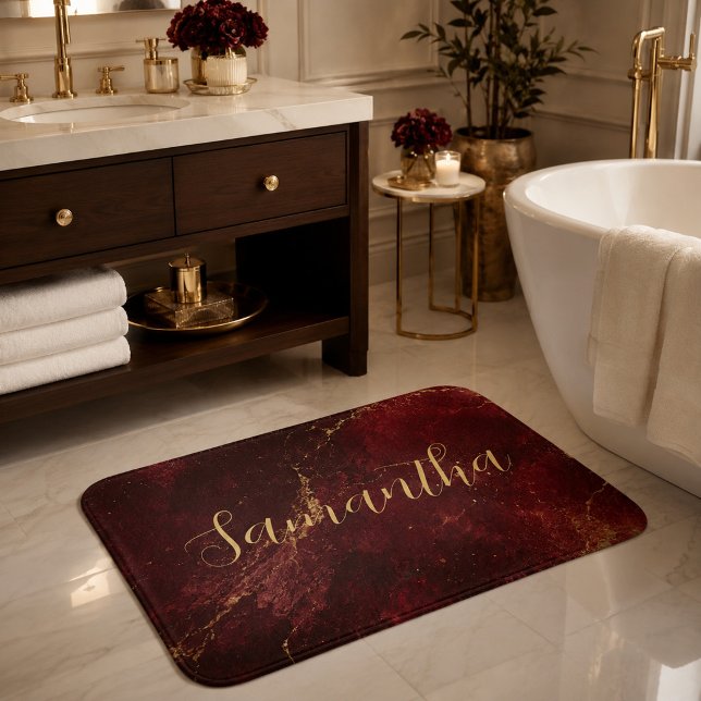 Lovely Burgundy Marble Gold Script  Bath Mat (Creator Uploaded)