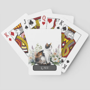 Lovely Calico Cat with Flowers, Personalise Playing Cards