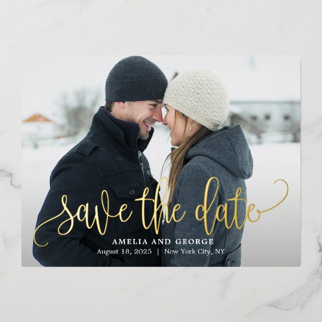 Lovely Calligraphy Foil Save The Date Postcard (Front)
