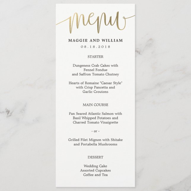 Lovely Calligraphy Menu Card Faux Gold (Front)