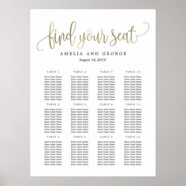 Lovely Calligraphy Seating Chart Poster (Front)