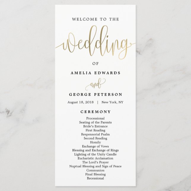 Lovely Calligraphy Wedding Program Faux Gold Programme (Front)