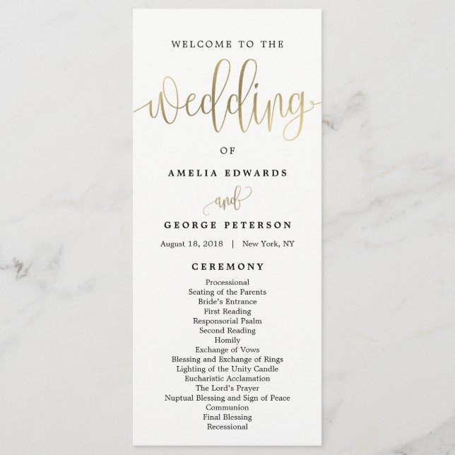 Lovely Calligraphy Wedding Program Faux Gold Programme (Front)