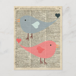 Lovely Cartoon Birds On Vintage Book Page Postcard