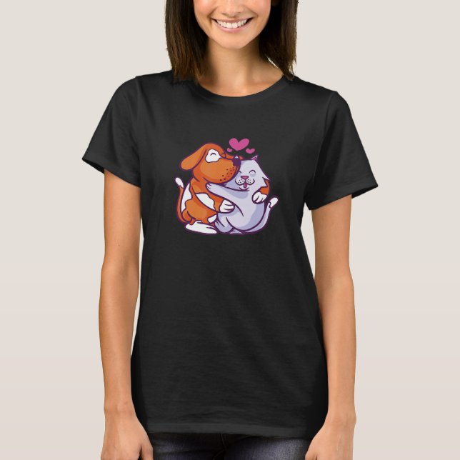 lovely cat and dog hug design living in peace frie T-Shirt (Front)