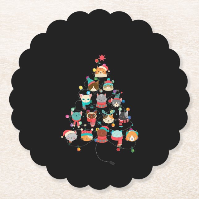 Lovely Cat Christmas Tree Covered By Flashlight Paper Coaster (Front)