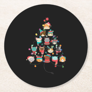 Lovely Cat Christmas Tree Covered By Flashlight Round Paper Coaster