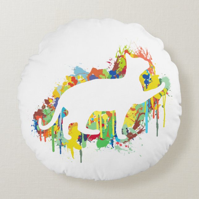 Lovely Cat Colourful Painting Splash Round Cushion (Front)