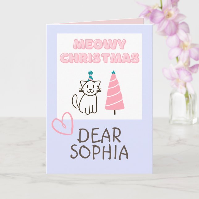 Lovely Cat in a Hat&Tree Happy Christmas Pastel Ca Card (Orchid)