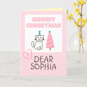 Lovely Cat in a Hat&Tree Happy Christmas Pastel Ca Card