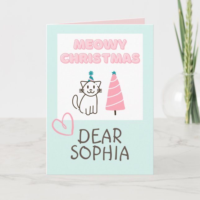 Lovely Cat in a Hat&Tree Happy Christmas Pastel Card (Front)