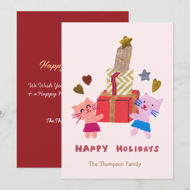 lovely cats with gift boxes pink  holiday card (Front/Back)