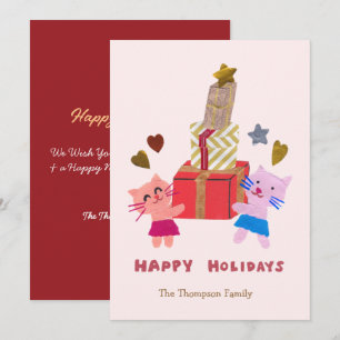 lovely cats with gift boxes pink  holiday card